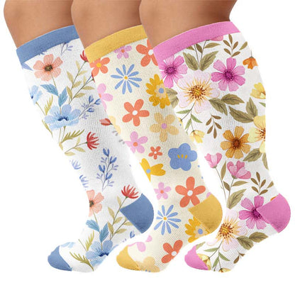 Plus Size Floral Knit Compression Socks - Multicolor(3 Pairs) - 4XL - image 4