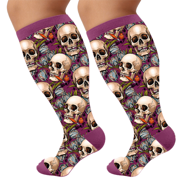 Plus Size Halloween Skull Compression Socks - Purple(1 Pair) - 4XL - image 5