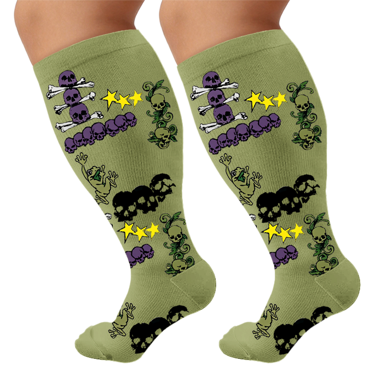 Plus Size Halloween Skull Compression Socks - Green(1 Pair) - 4XL - image 6