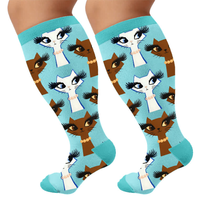 Plus Size Turquoise Cat Compression Socks - Blue(1 Pair) - 4XL - image 5