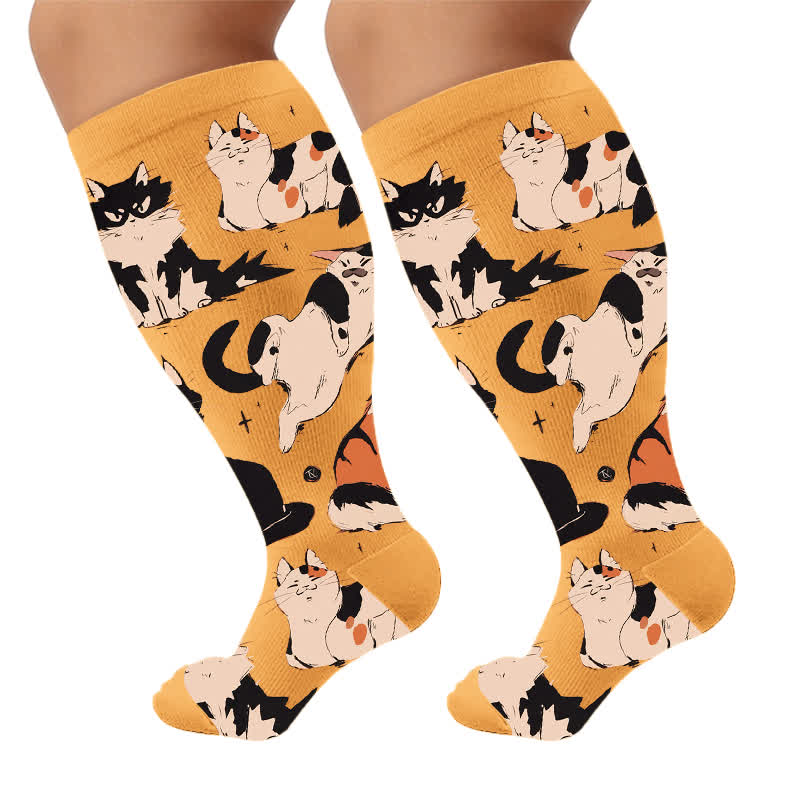 Plus Size Turquoise Cat Compression Socks - Yellow(1 Pair) - 4XL - image 7