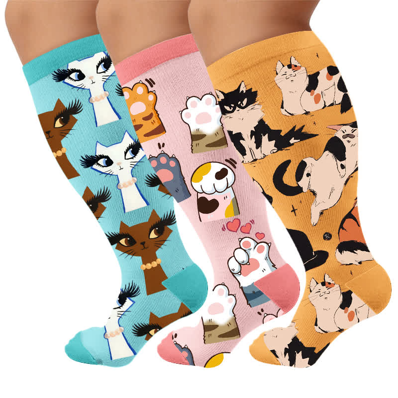 Plus Size Turquoise Cat Compression Socks - Multicolor(3 Pairs) - 4XL - image 1