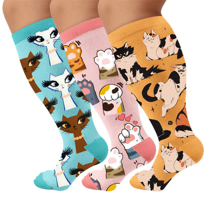 Plus Size Turquoise Cat Compression Socks - Multicolor(3 Pairs) - 4XL - image 1