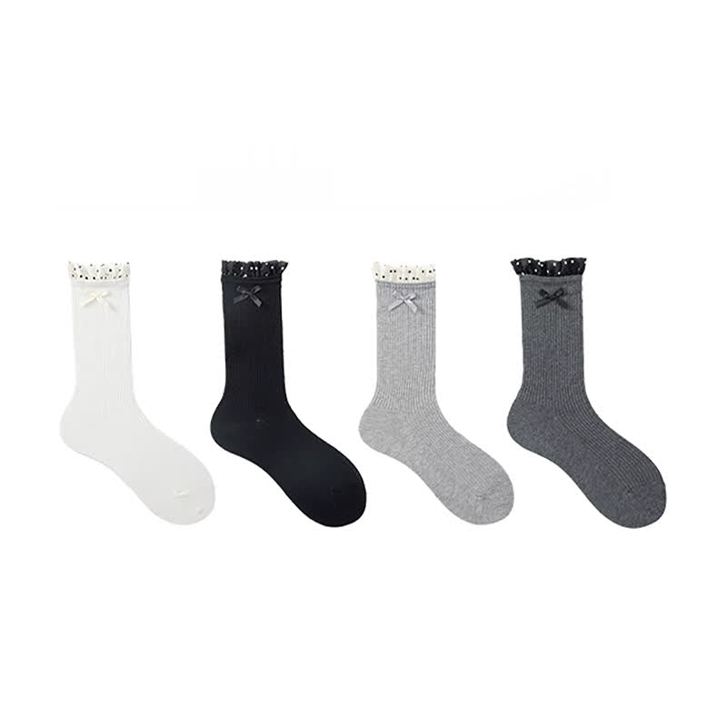 Sweet Ruffle Ribbed Socks(4 Pairs) - Black - EU36-40(US3-7) - image 6