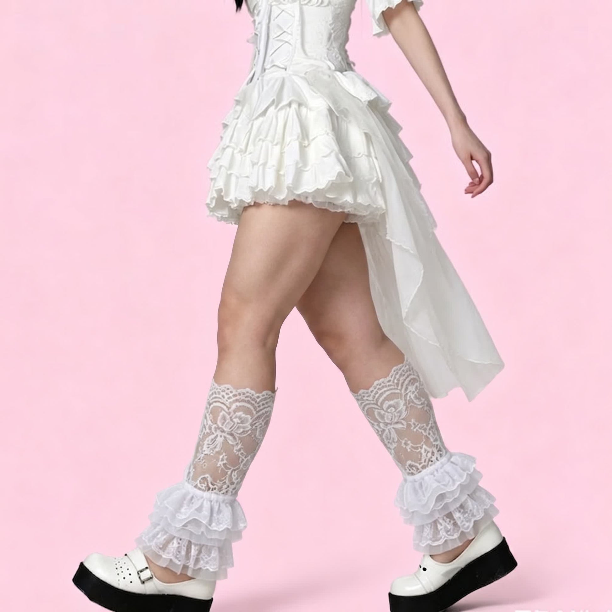 Gothic Lace Ruffle Crew Socks(2 Pairs) - White-D2 - One Size - image 1