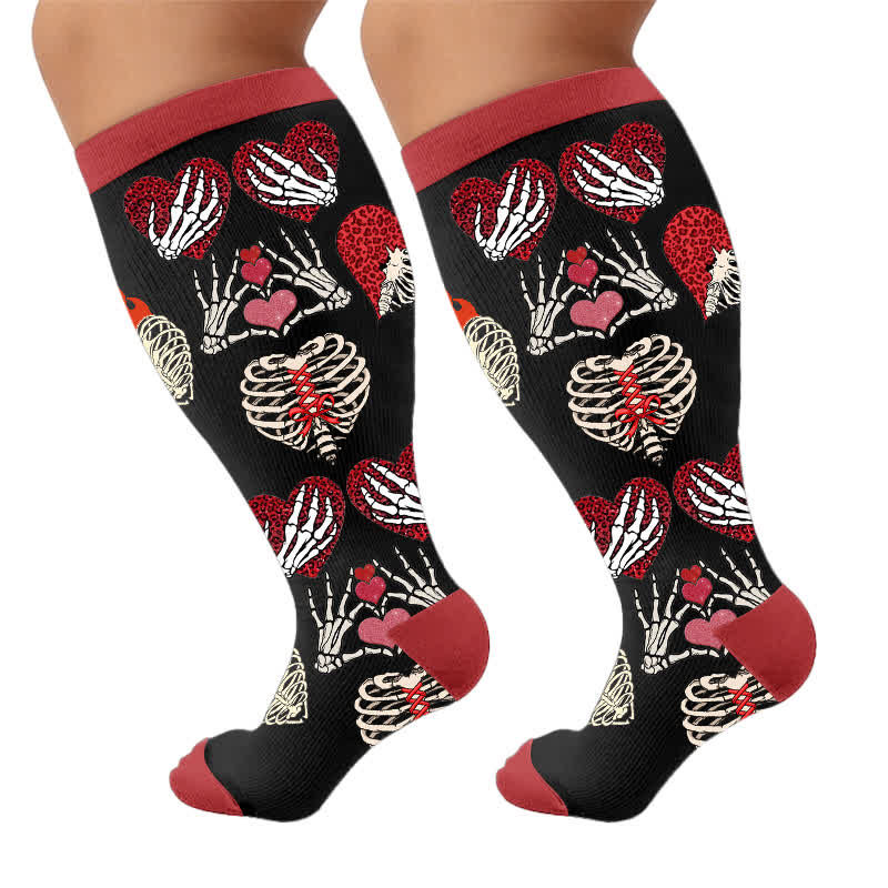 Plus Size Pink Heart Eyed Skull Compression Socks - Red(1 Pair) - 4XL - image 8