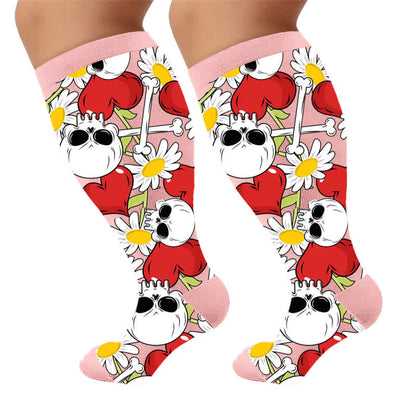 Plus Size Pink Heart Eyed Skull Compression Socks - Pink(1 Pair) - 4XL - image 9