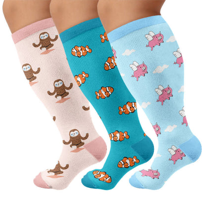 Plus Size Sloth Clownfish Pig Compression Socks - Multicolor(3 Pairs) - 4XL - image 4