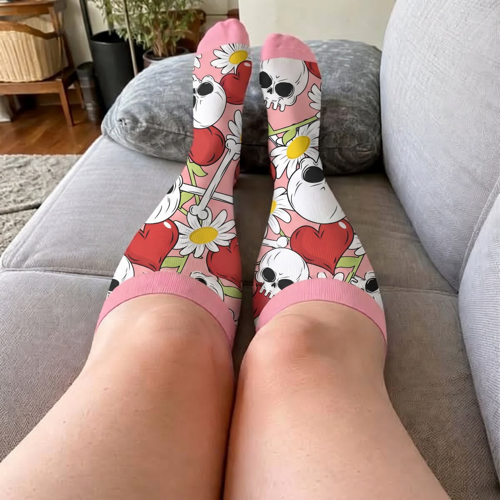 Plus Size Pink Heart Eyed Skull Compression Socks - image 2