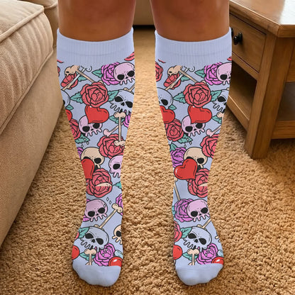Plus Size Pink Heart Eyed Skull Compression Socks - image 3