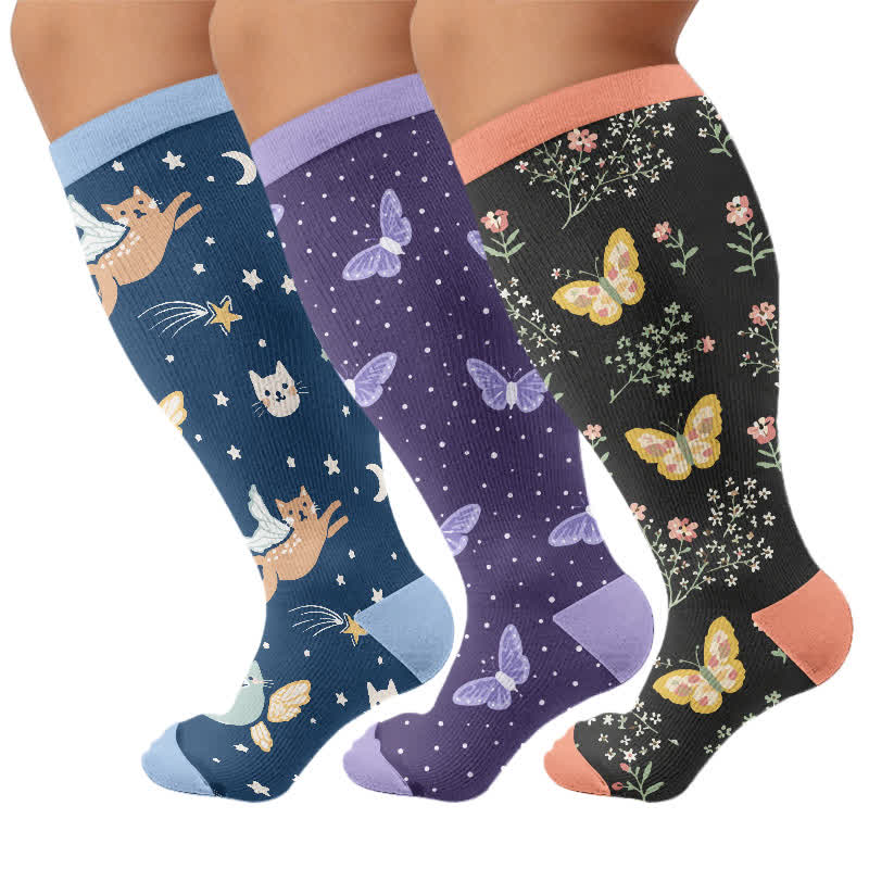 Plus Size Dreamy Cats Butterfly Compression Socks - Multicolor(3 Pairs) - 4XL - image 4