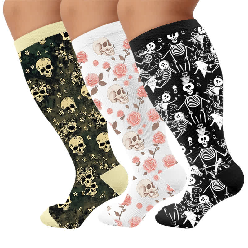 Plus Size Olive Skull Floral Compression Socks - Multicolor(3 Pairs) - 4XL - image 4