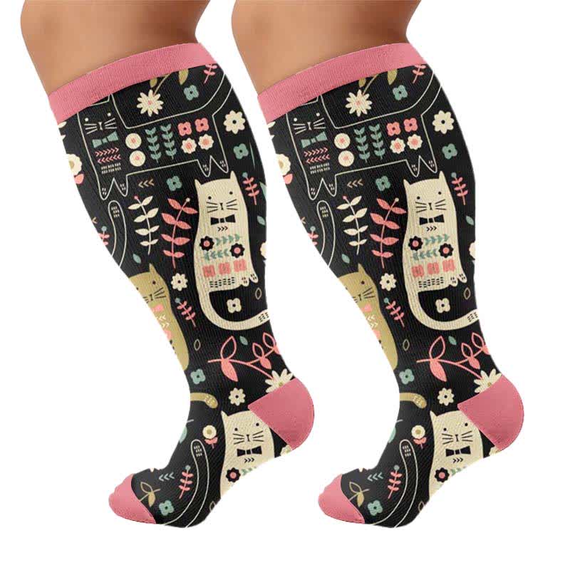 Plus Size Cat Floral Compression Socks - Pink(1 Pair) - 4XL - image 8