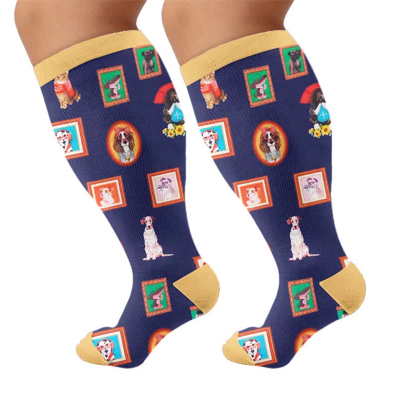 Plus Size Cat Floral Compression Socks - Yellow(1 Pair) - 4XL - image 10