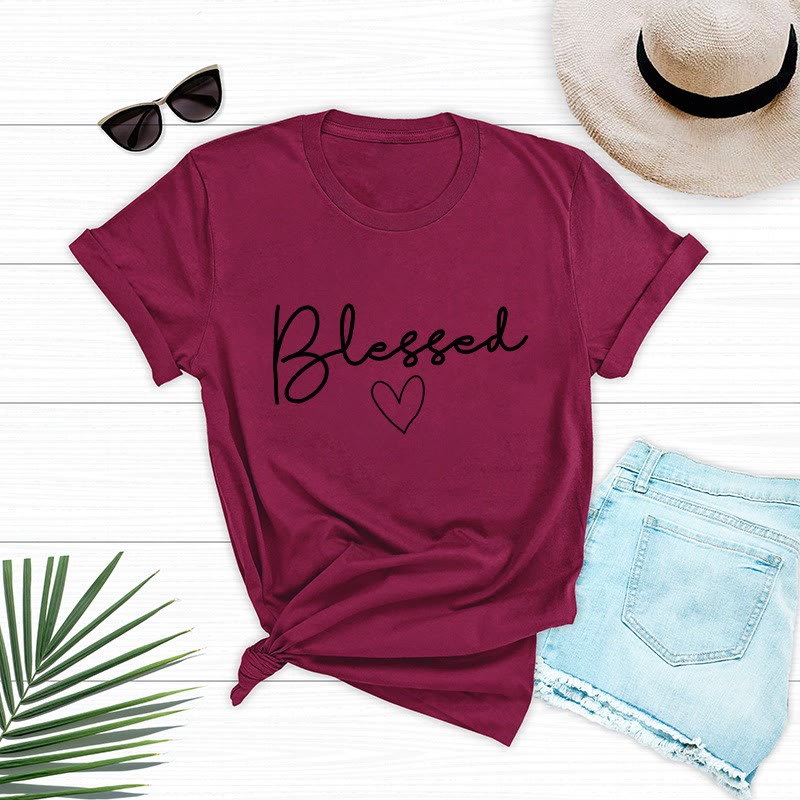 Plus Size Blessed Heart Shape T-shirt - Wine - 5XL - image 2