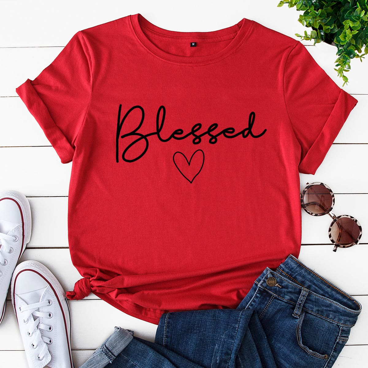 Plus Size Blessed Heart Shape T-shirt - Red - 5XL - image 6