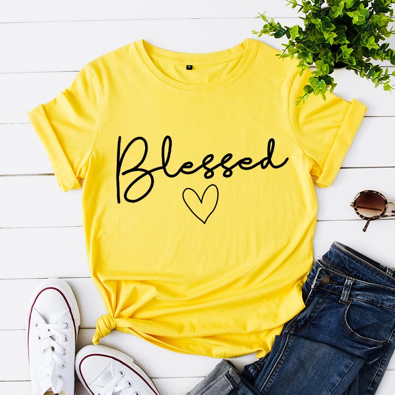 Plus Size Blessed Heart Shape T-shirt - Yellow - 5XL - image 1