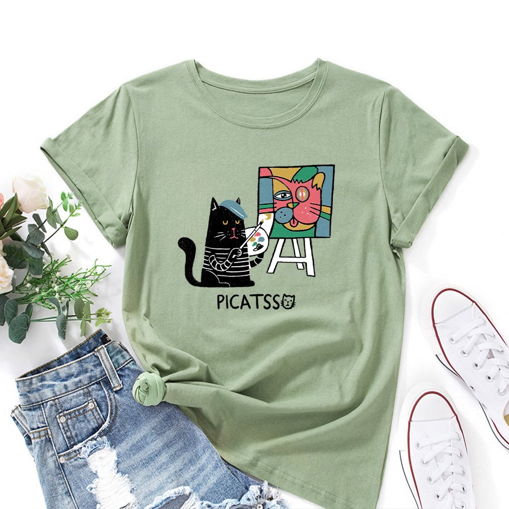 Plus Size Cartoon Cat Print T-shirt - Olive Green - 5XL - image 6
