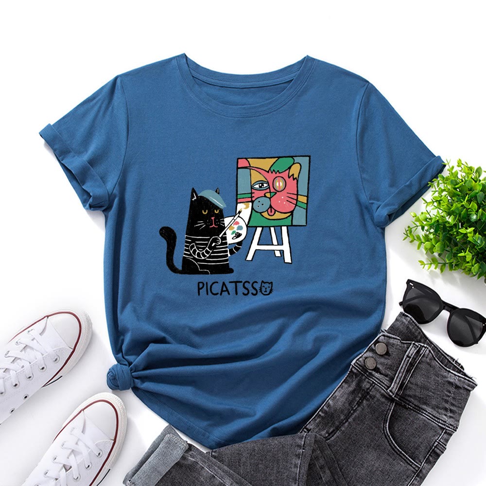 Plus Size Cartoon Cat Print T-shirt - Royal Blue - 5XL - image 9