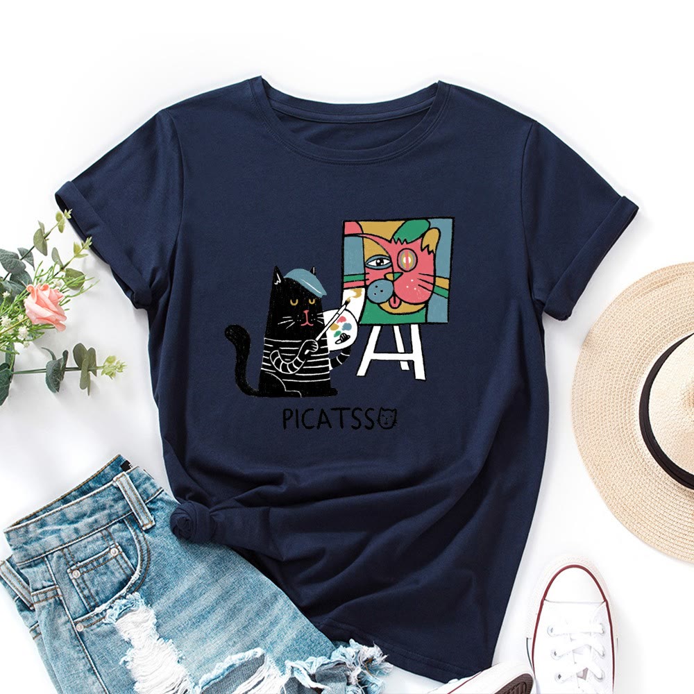 Plus Size Cartoon Cat Print T-shirt - Navy Blue - 5XL - image 8