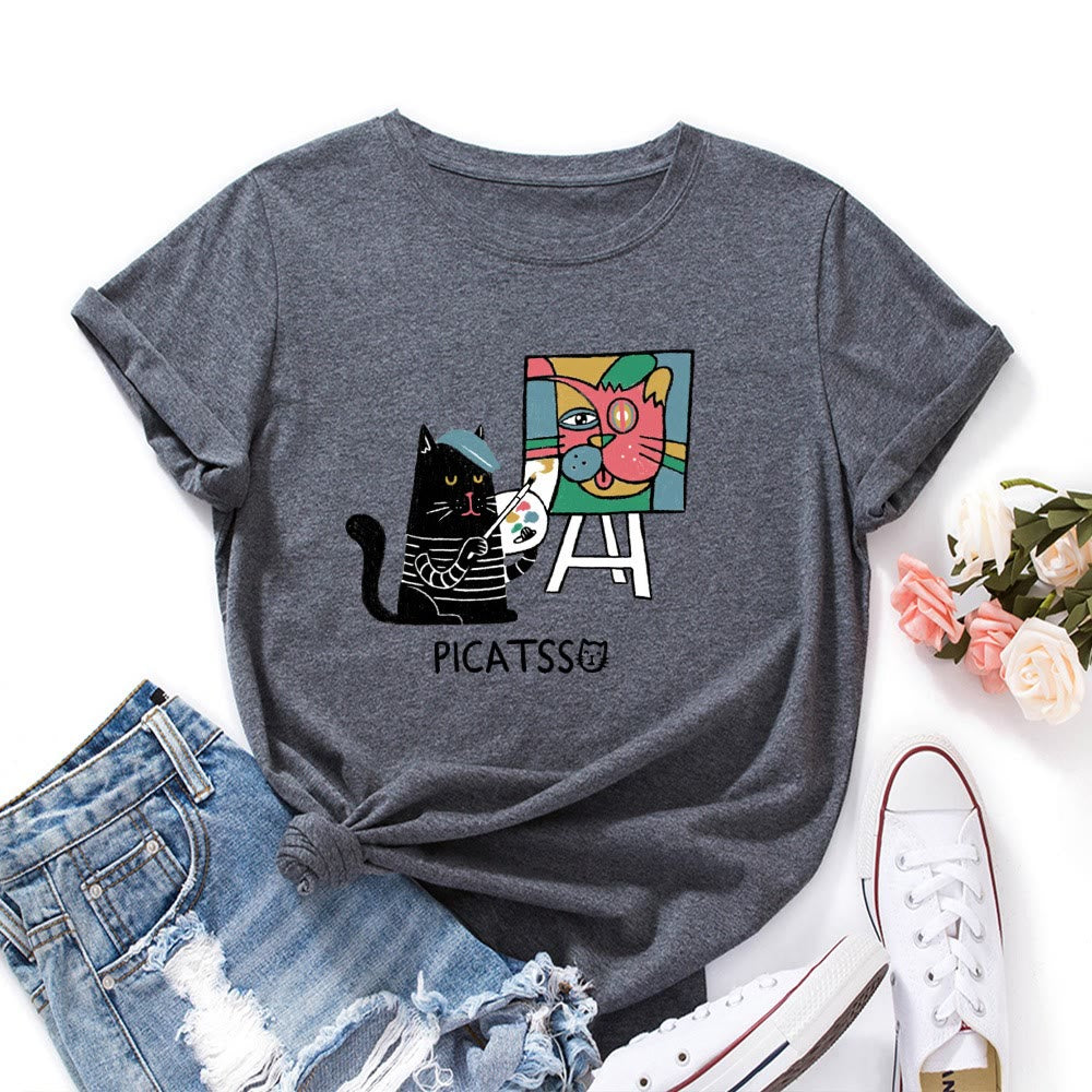 Plus Size Cartoon Cat Print T-shirt - Dark Grey - 5XL - image 10