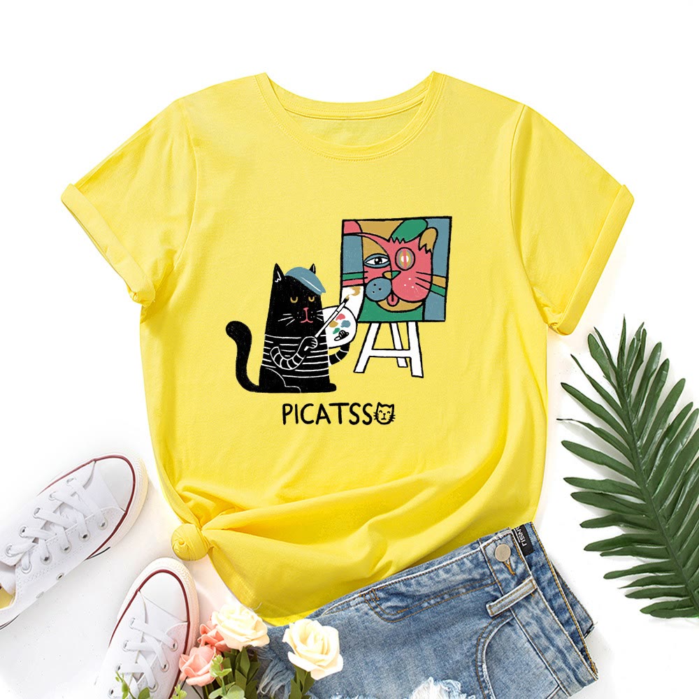 Plus Size Cartoon Cat Print T-shirt - Yellow - 5XL - image 4