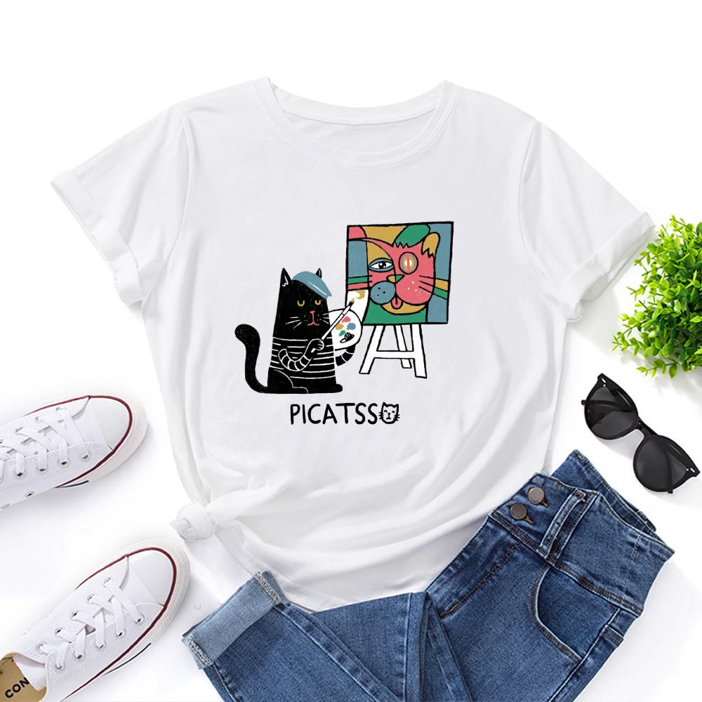 Plus Size Cartoon Cat Print T-shirt - White - 5XL - image 2