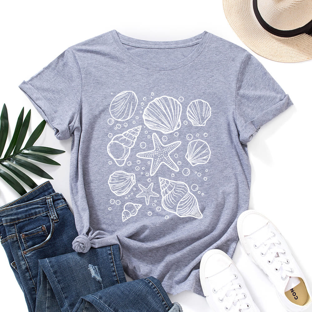 Plus Size Seashells Print T-shirt - Light Gray - 5XL - image 6