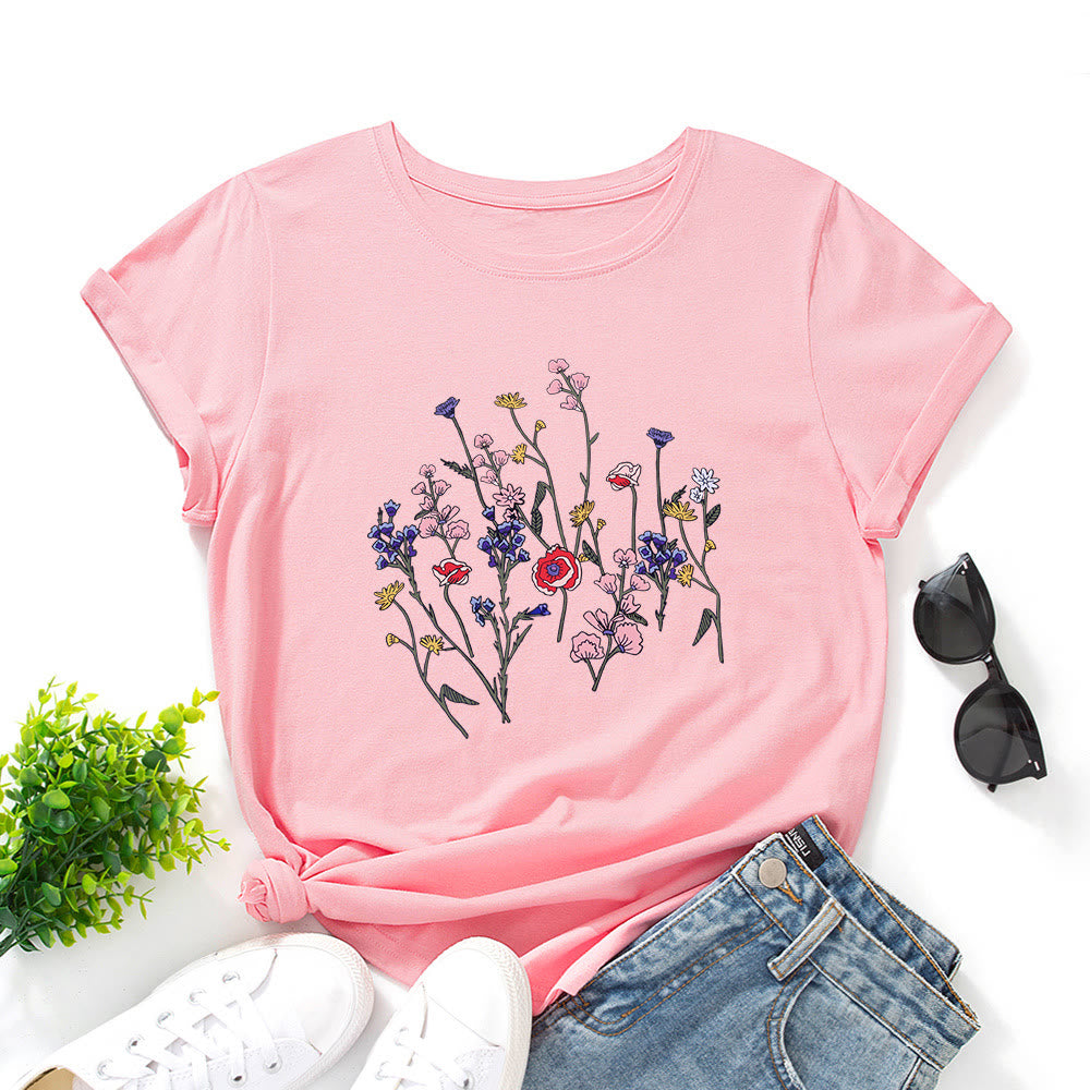 Plus Size Fresh Flowers Print T-shirt - Pink - 5XL - image 8