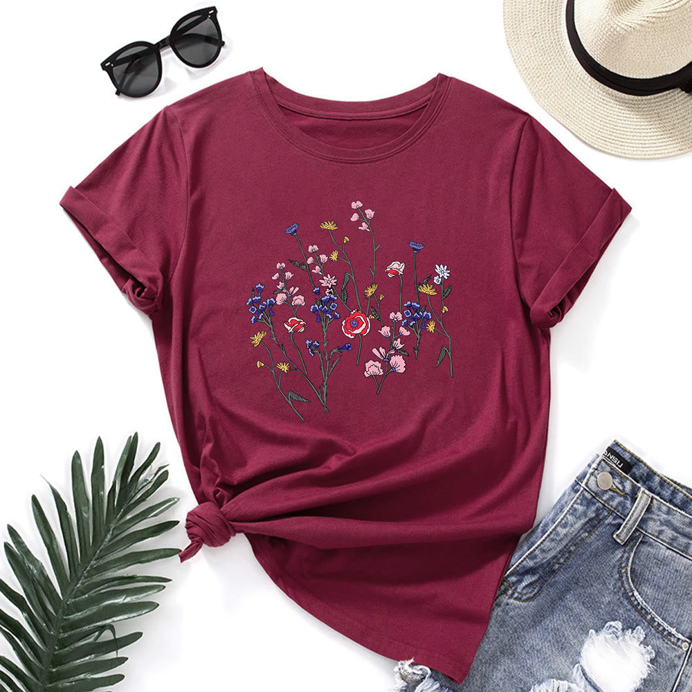 Plus Size Fresh Flowers Print T-shirt - Wine - 5XL - image 6