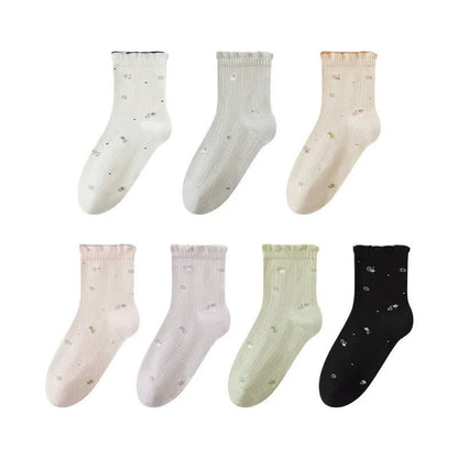 Pure Cotton Floral Sleep Socks(3 Pairs) - Grey+Green+Black - EU35-39(US2-6) - image 2