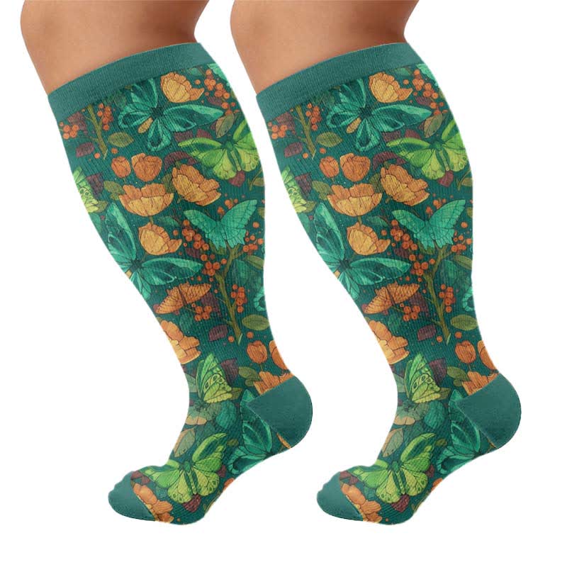 Plus Size Floral Butterfly Compression Socks - Dark Green(1 Pair) - 4XL - image 10