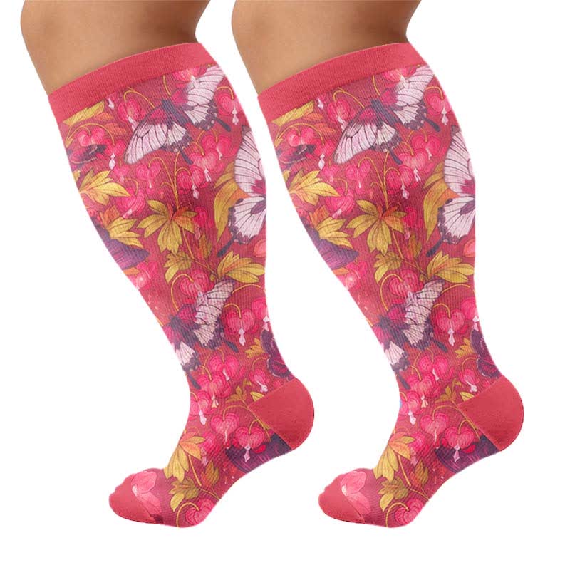 Plus Size Floral Butterfly Compression Socks - Red(1 Pair) - 4XL - image 9