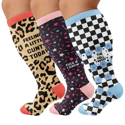 Plus Size Leopard Slogan Compression Socks - Multicolor(3 Pair) - 4XL - image 4