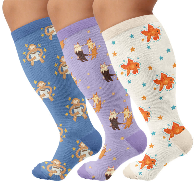 Plus Size Fish Cat Monkey Compression Socks - Multicolor(3 Pair) - 4XL - image 4