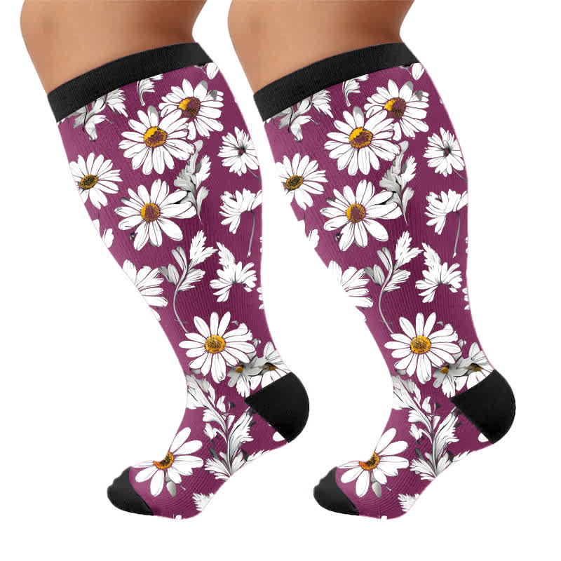 Plus Size Daisy Floral Compression Socks - Purple(1 Pair) - 4XL - image 5