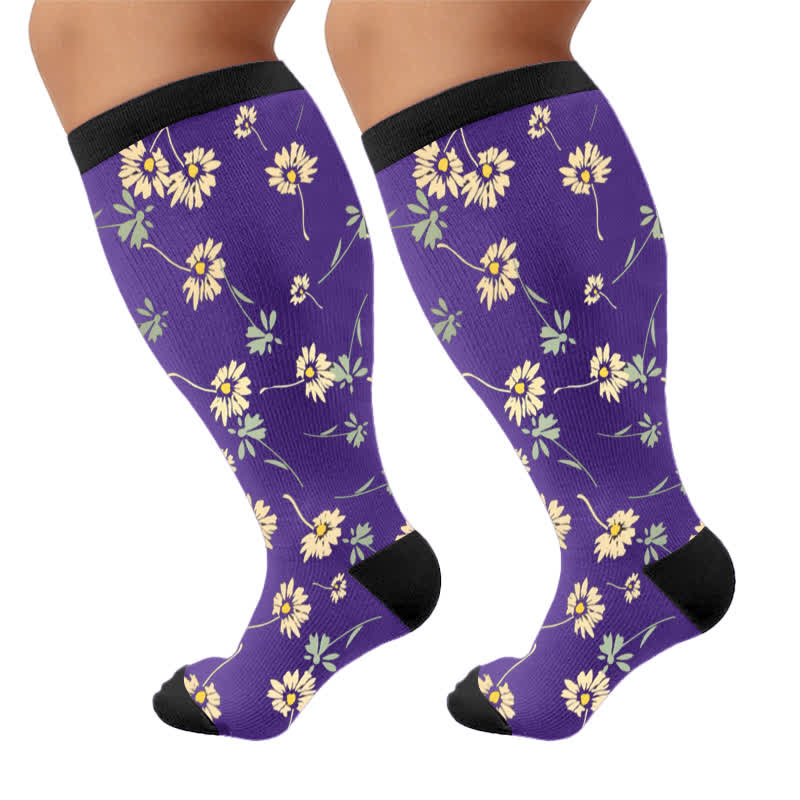 Plus Size Daisy Floral Compression Socks - Blue(1 Pair) - 4XL - image 7