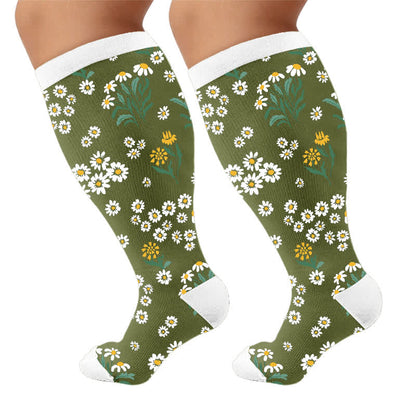 Plus Size Daisy Floral Compression Socks - Green(1 Pair) - 4XL - image 6