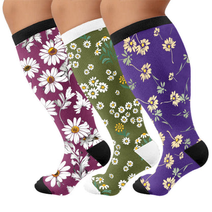 Plus Size Daisy Floral Compression Socks - Multicolor(3 Pairs) - 4XL - image 1