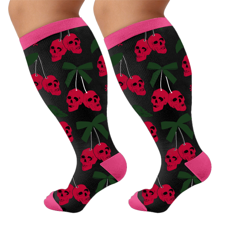 Plus Size Gothic Skull Cherry Compression Socks - Black(1 Pair) - 4XL - image 7