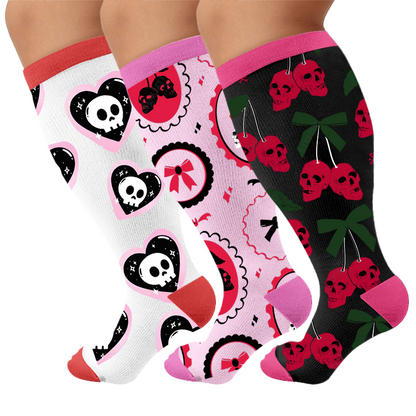 Plus Size Gothic Skull Cherry Compression Socks - Multicolor(3 Pairs) - 4XL - image 1