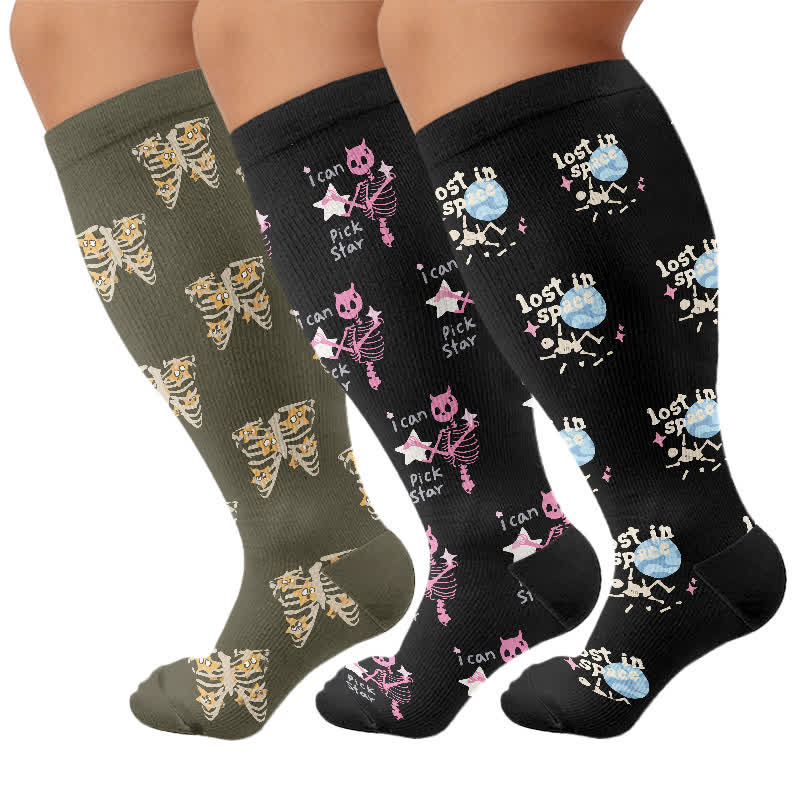 Plus Size Gothic Cat Star Compression Socks - Multicolor(3 Pairs) - 4XL - image 4
