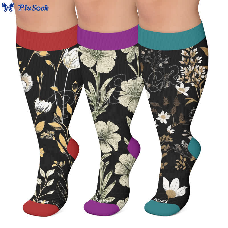 Plus Size Contrast Color Florals Compression Socks - image 0