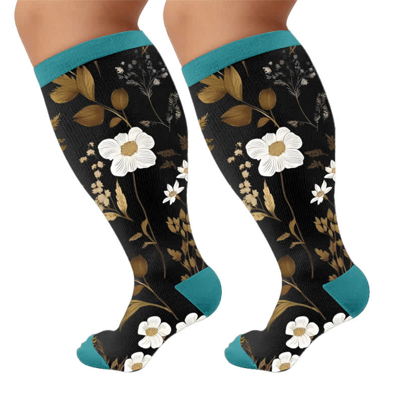 Plus Size Contrast Color Florals Compression Socks - Blue(1 Pair) - 4XL - image 10
