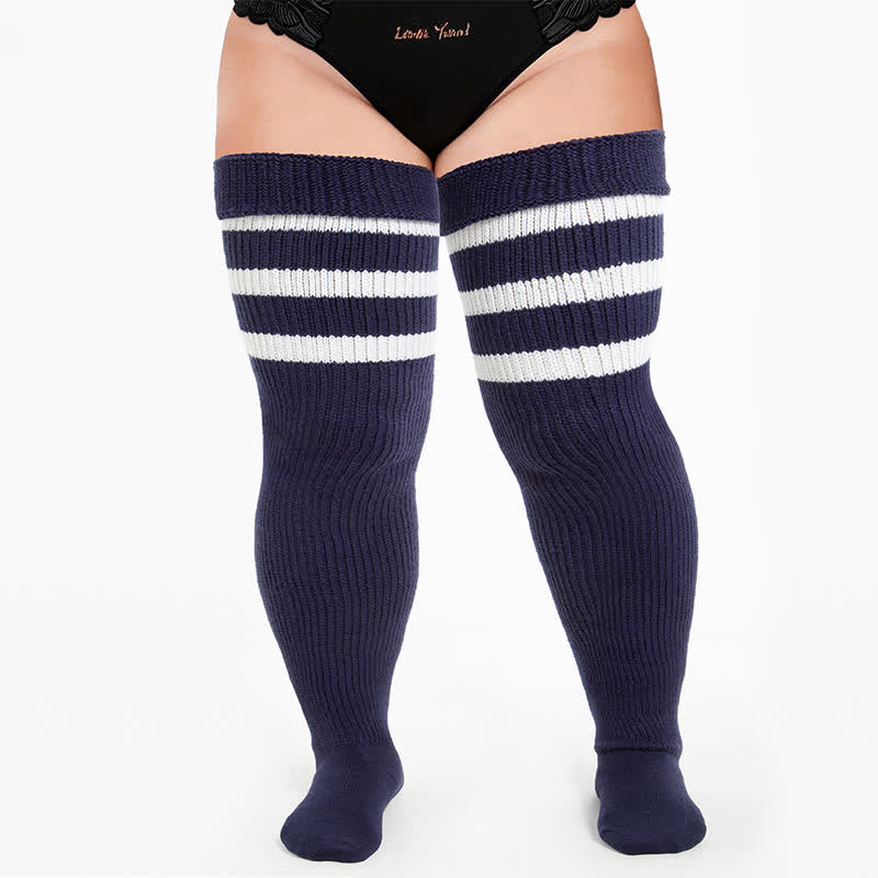 Retro Sport Thigh High Socks - Navy Blue-A - One Size - With Elastic Strap - image 3