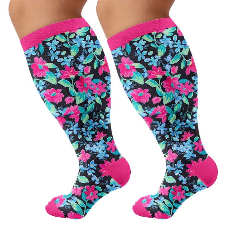 Plus Size Tropical Floral Compression Socks - Blue(1 Pair) - 4XL - image 5