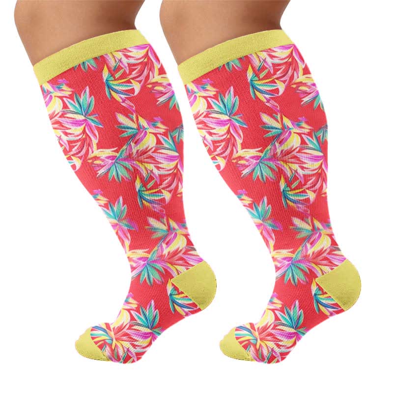 Plus Size Tropical Floral Compression Socks - Red(1 Pair) - 4XL - image 7