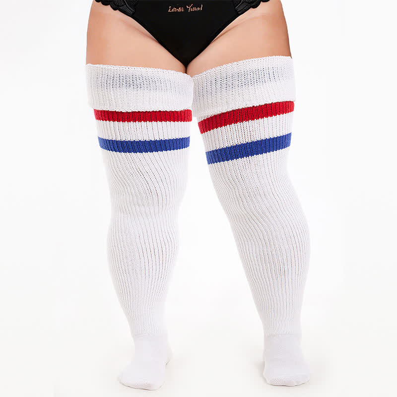 Varsity Ribbed Thigh High Socks - White-D - One Size - With Elastic Strap - image 4