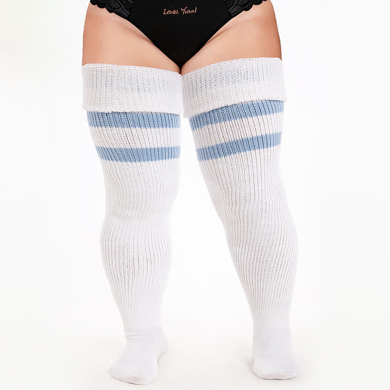 Varsity Ribbed Thigh High Socks - White-B - One Size - With Elastic Strap - image 2