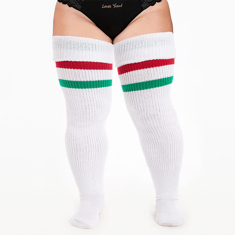 Varsity Ribbed Thigh High Socks - White-C - One Size - With Elastic Strap - image 3
